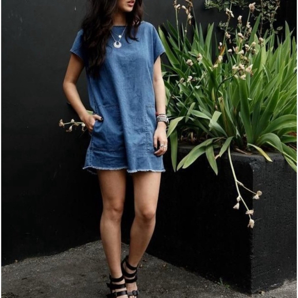 Aritzia Wilfred Free Nori Denim Mini Dress Boxy Shift Raw Hem 100% Cotton, XS - Picture 5 of 13